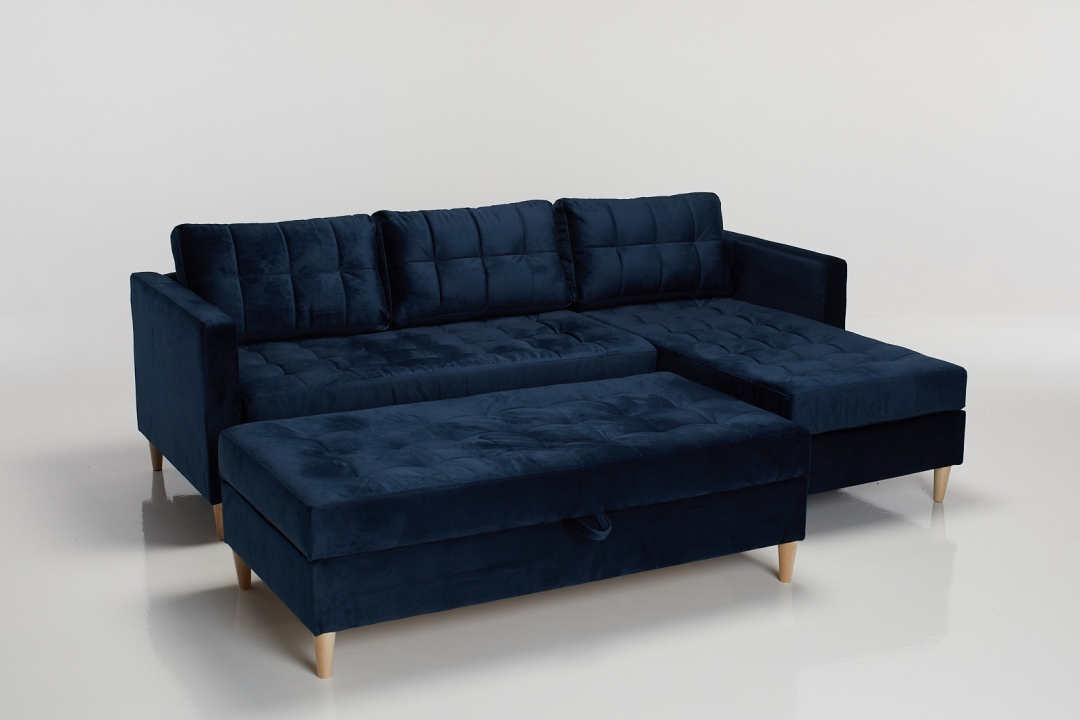 Newport Reversible Chaise Sofa Bed with Storage Ottoman - Midnight Blue Velvet