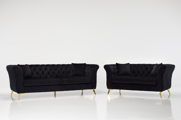Lauren Modern Chesterfield Sofa Set - Black Velvet