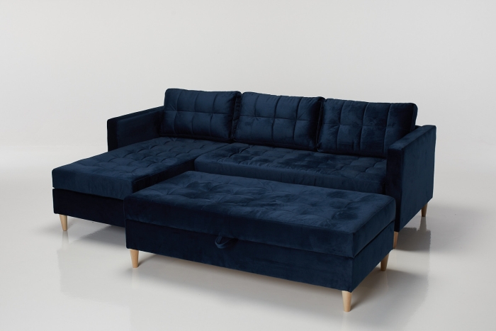 Newport Reversible Chaise Sofa Bed with Storage Ottoman - Midnight Blue Velvet