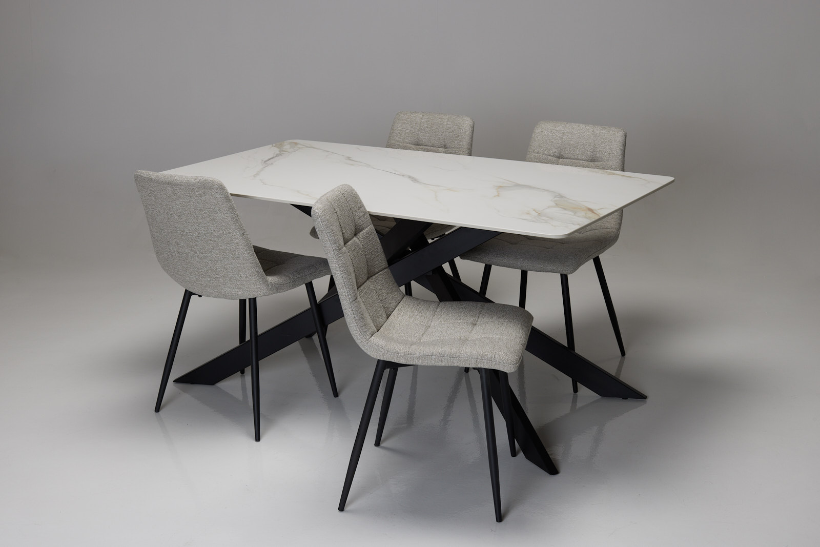 Cassis & Enza Dining Set - Calacatta Gold Stone 1.6m Dining Table with 4 Oatmeal Fabric Dining Chairs