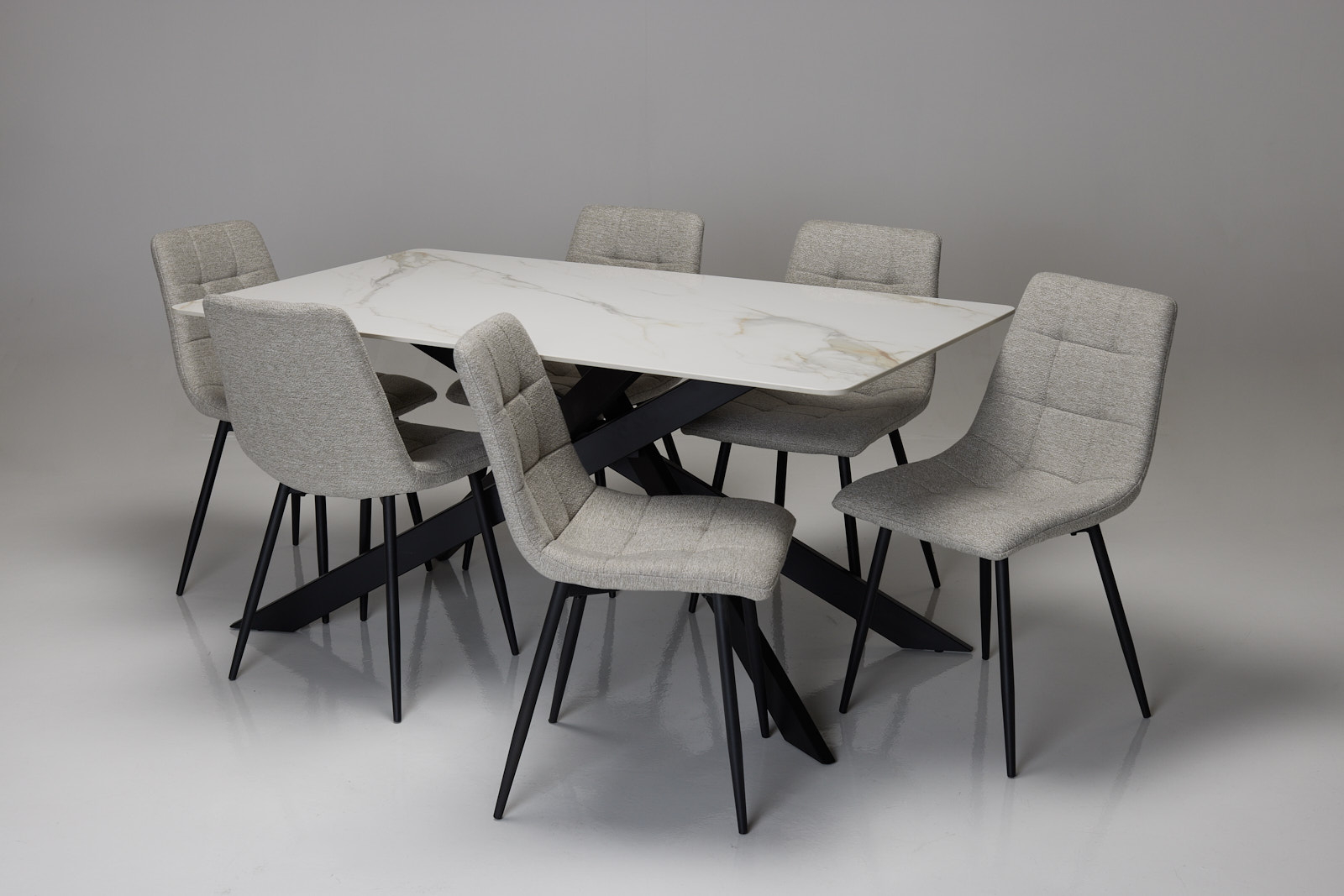 Cassis & Enza Dining Set - Calacatta Gold Stone 1.6m Dining Table with 6 Oatmeal Fabric Dining Chairs