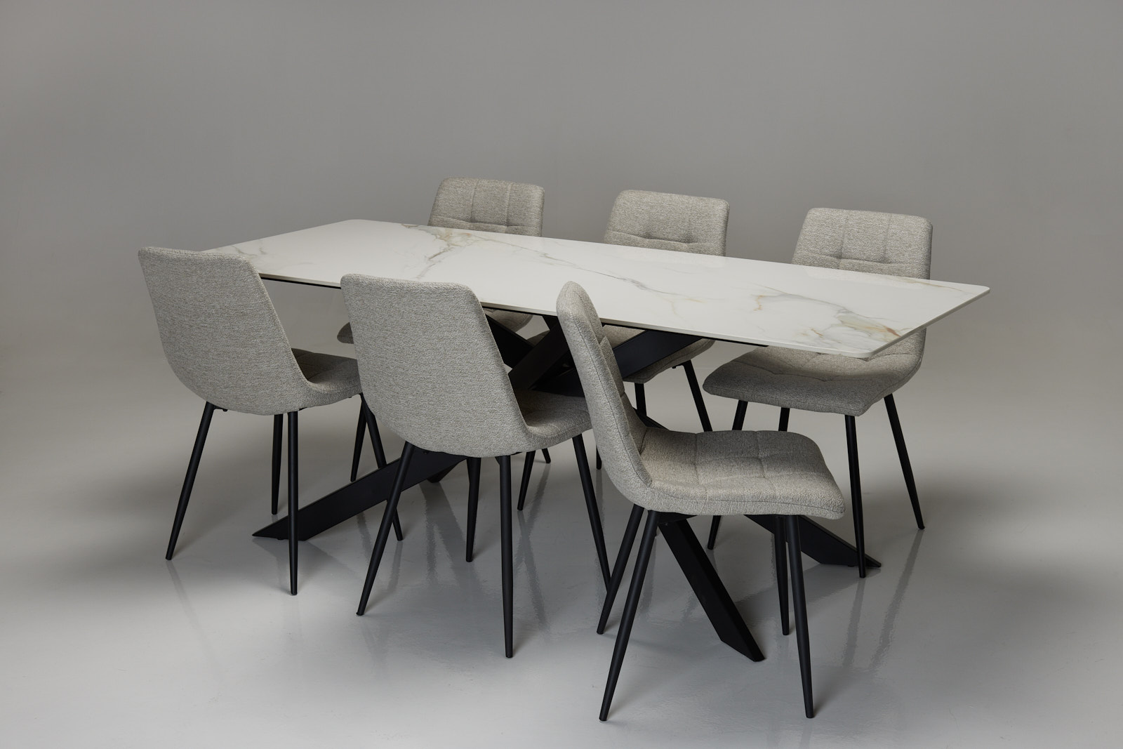 Calacatta Gold Stone 2m Dining Table with 6 Oatmeal Fabric Dining Chairs