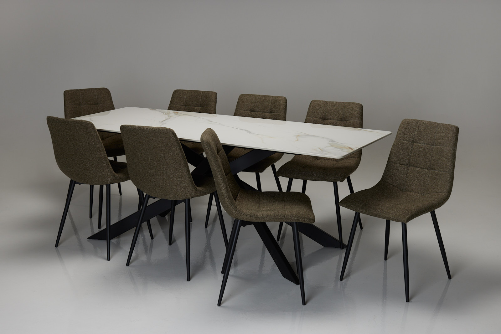 Cassis & Enza Dining Set - Calacatta Gold Stone 2m Dining Table with 8 Olive Fabric Dining Chairs