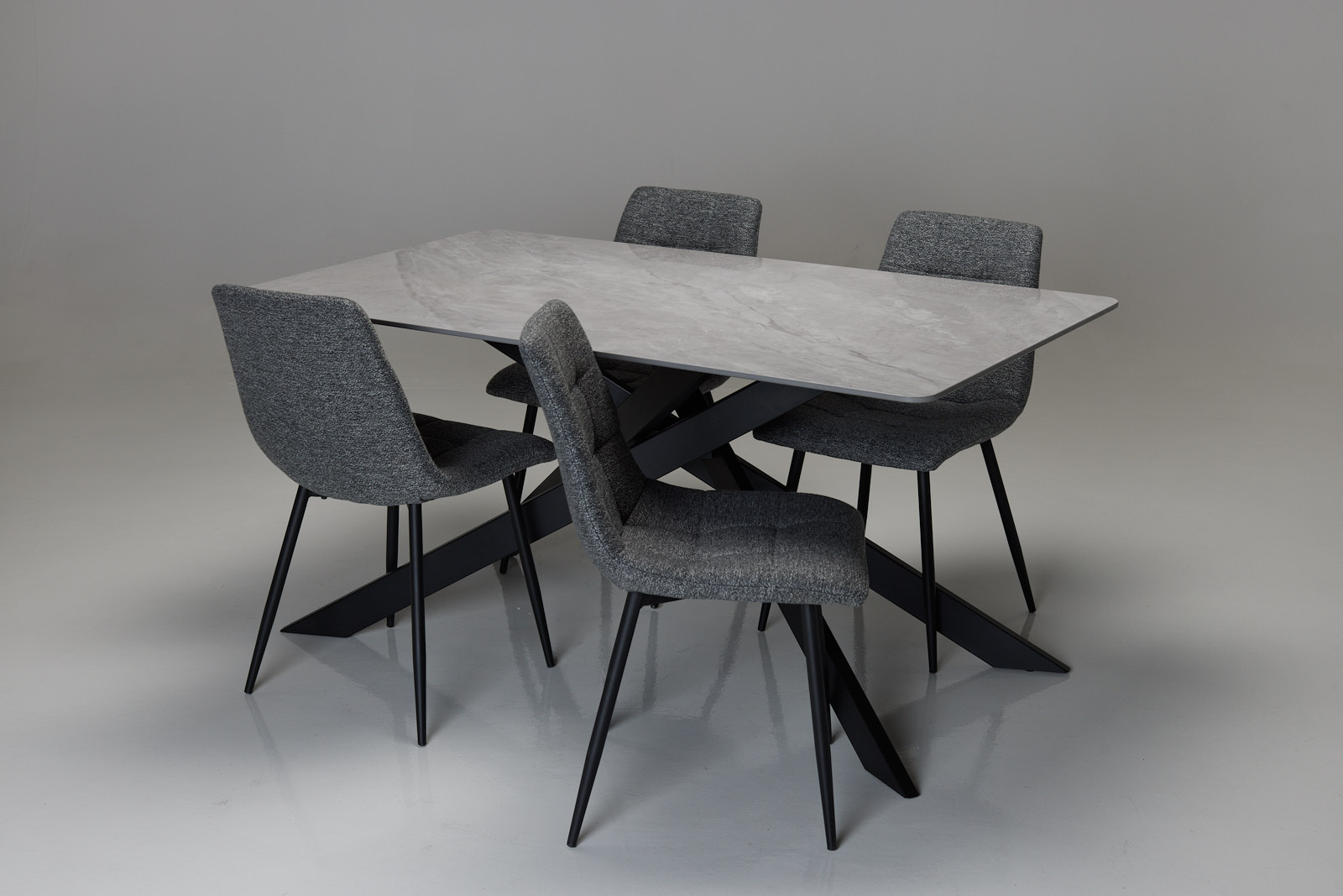 Cassis & Enza Dining Set - Pacific Grey Stone 1.6m Dining Table with 4 Grey Fabric Dining Chairs