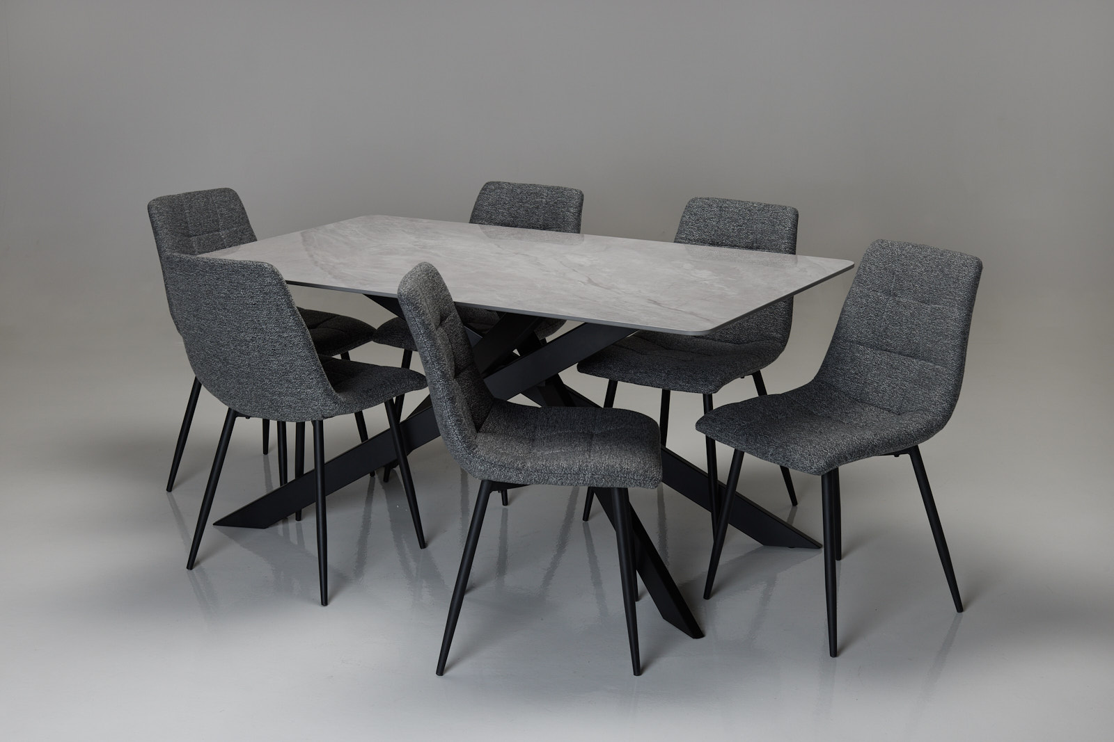 Cassis & Enza Dining Set - 1.6m Pacific Grey Stone Dining Table with 6 Grey Fabric Dining Chairs