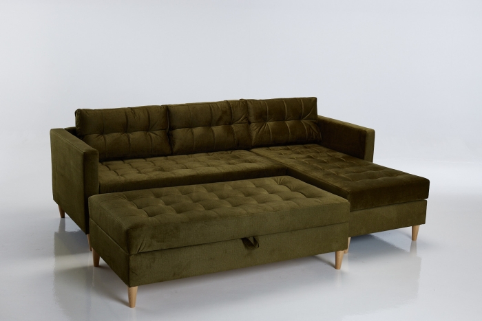 Newport Right Hand Chaise Sofa Bed with Storage Ottoman - Olive Velvet
