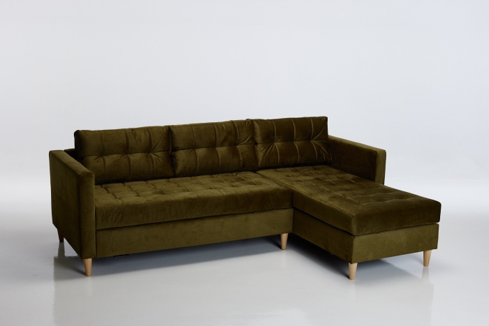 Newport Right Hand Chaise Sofa Bed with Storage Ottoman - Olive Velvet