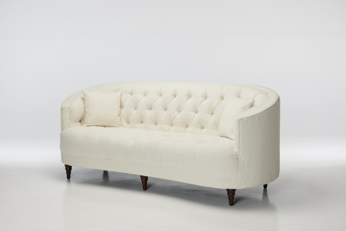 Olivia Modern Chesterfield 3 Seat Sofa - White Teddy Boucle with Walnut Legs