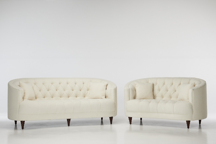 Olivia Modern Chesterfield Sofa Set - White Teddy Boucle with Walnut Legs