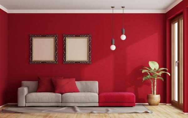 Living Room with Grey Sofa and Red Wallpaper