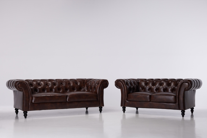 Charlotte Air Leather Sofa Set 3 & 2 Seat Classic Chesterfield - Saddle Brown