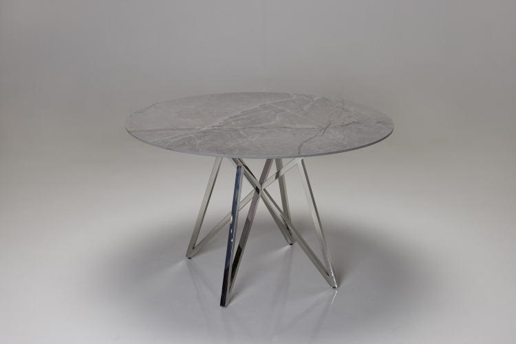 Jeni 1.2m Tundra Grey Stone Round Dining Table with Stainless Steel Base