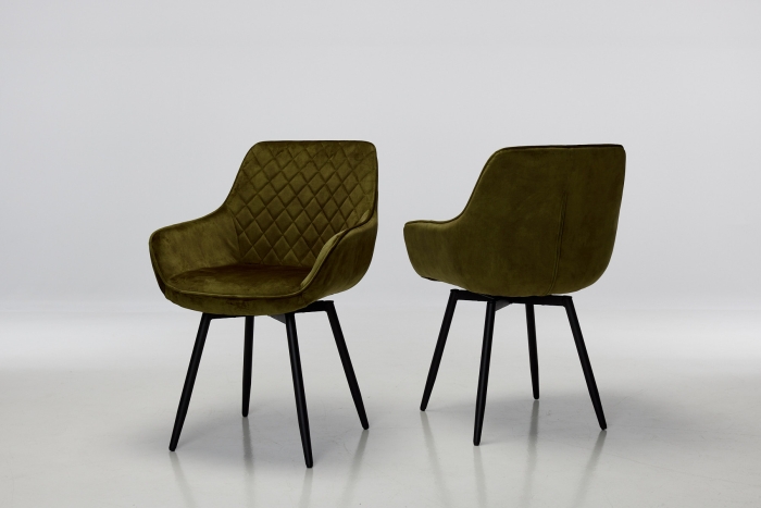 Venice Olive Green Velvet Swivel Dining Chairs with Black Legs (Pair)