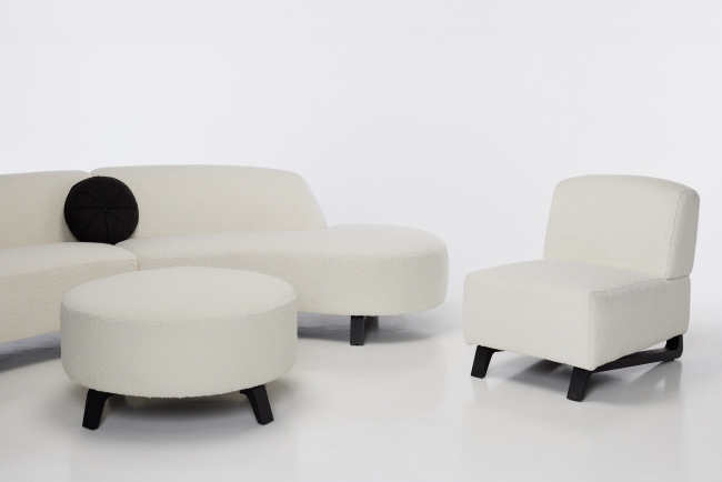 Maddison Curved Sofa, Chair & Footstool Suite in White Teddy Boucle