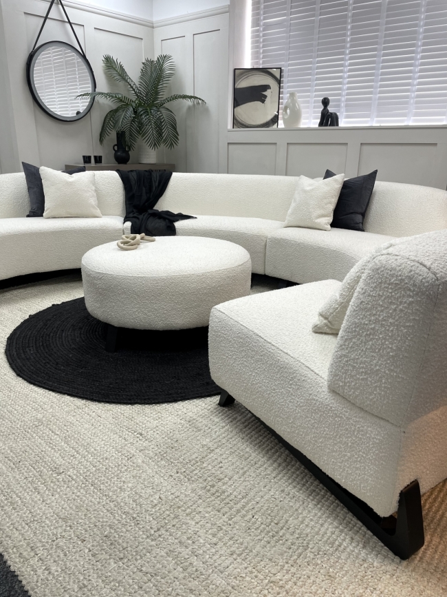 Maddison Curved Sofa, Chair & Footstool Suite in White Teddy Boucle