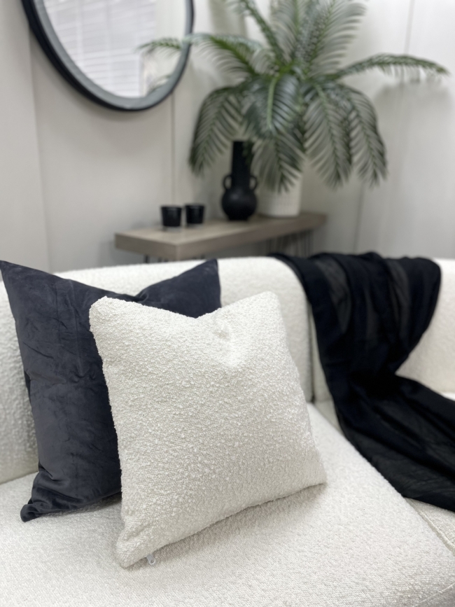 Maddison Curved Sofa, Chair & Footstool Suite in White Teddy Boucle