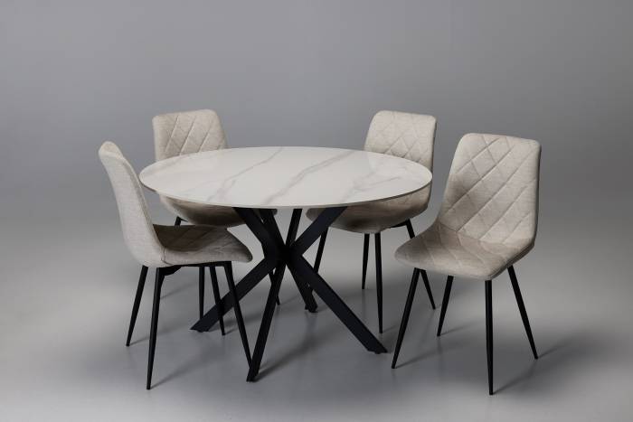 Tino & Bari Dining Set - 1.2m Lincoln White Stone Round Dining Table with 4 Oatmeal Premium Mottled Velvet Dining Chairs