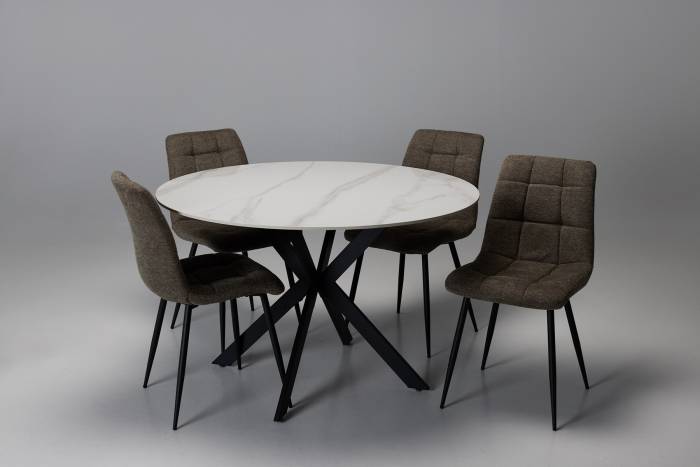 Tino & Enza Dining Set - 1.2m Lincoln White Stone Round Dining Table with 4 Brown Linen Dining Chairs