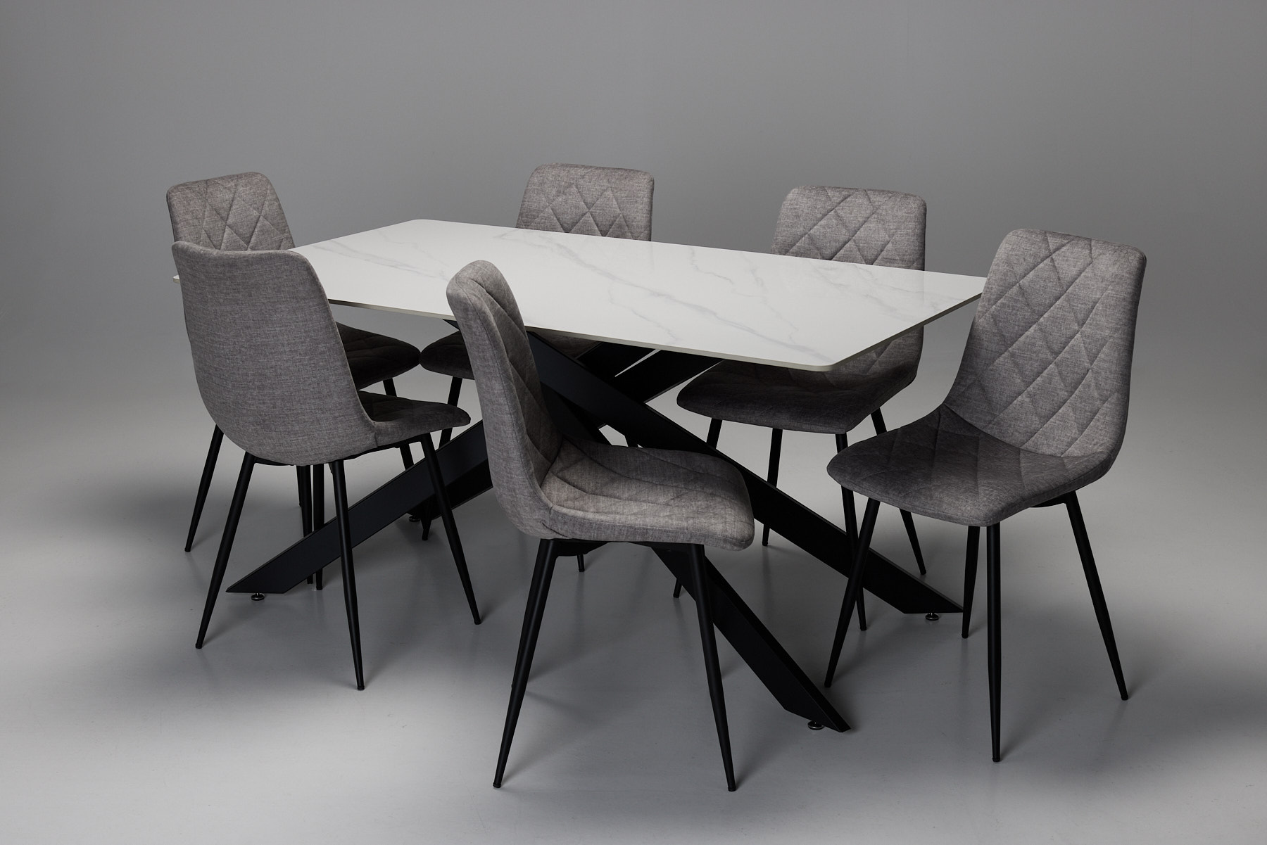 Cassis & Bari Dining Set - 1.6m Lincoln White Stone Dining Table with 6 Light Grey Velvet Dining Chairs