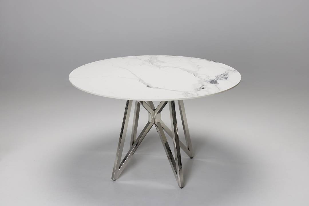 Jeni 1.2m Lincoln White Stone Round Dining Table with Stainless Steel Base