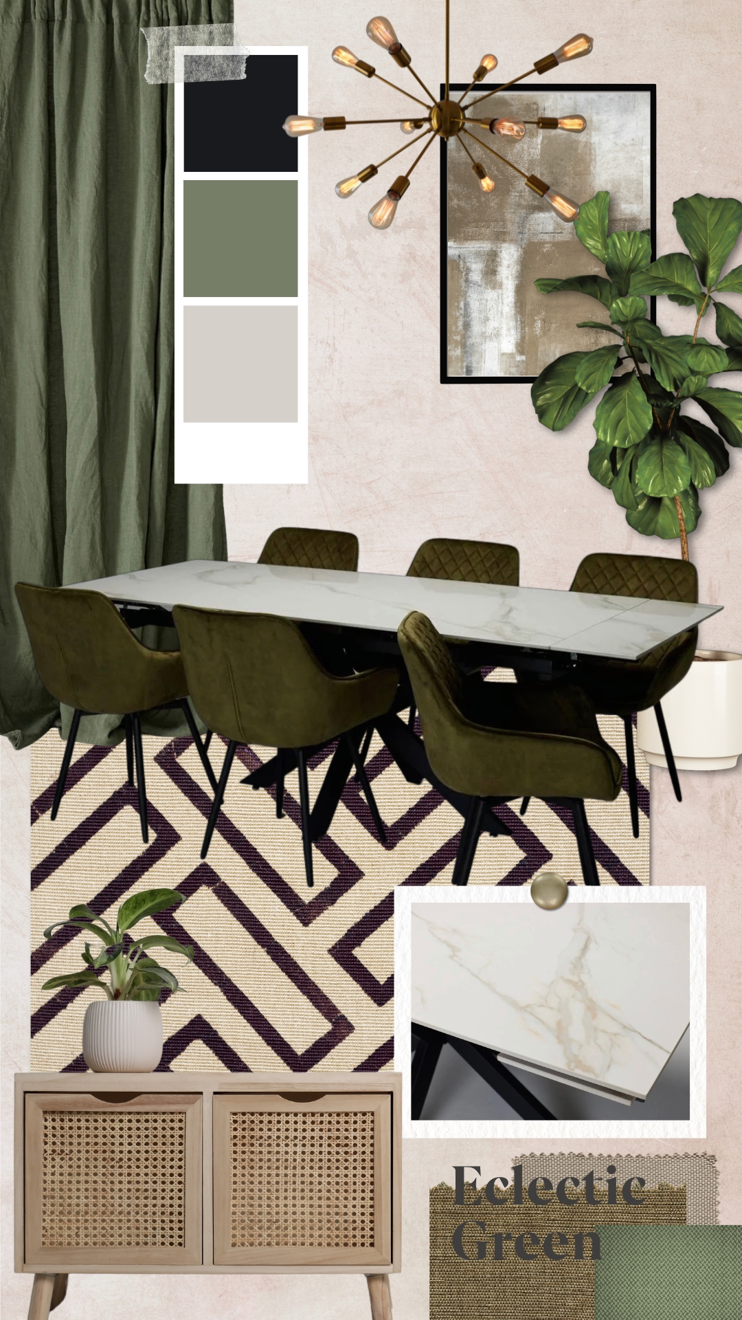 Extendable Stone Dining Table - Eclectic Green Mood Board