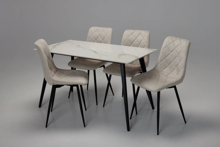 Immi & Bari Dining Set - 1.3m Calacatta Gold Stone Dining Table with 4 Oatmeal Mottled Velvet Dining Chairs