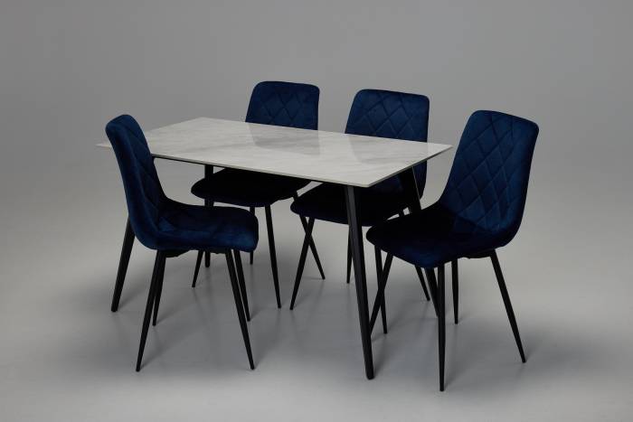 Immi & Bari Dining Set - 1.3m Pacific Grey Stone Dining Table with 4 Blue Mottled Velvet Dining Chairs