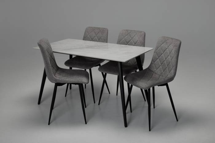 Immi & Bari Dining Set - 1.3m Pacific Grey Stone Dining Table with 4 Light Grey Mottled Velvet Dining Chairs