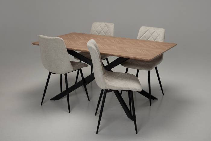 Nico & Bari Dining Set - 1.6m Medium Oak Effect Dining Table with 4 Oatmeal Mottled Velvet Dining Chairs