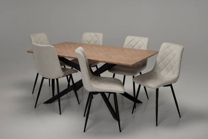 Nico & Bari Dining Set - 1.6m Medium Oak Effect Dining Table with 6 Oatmeal Mottled Velvet Dining Chairs