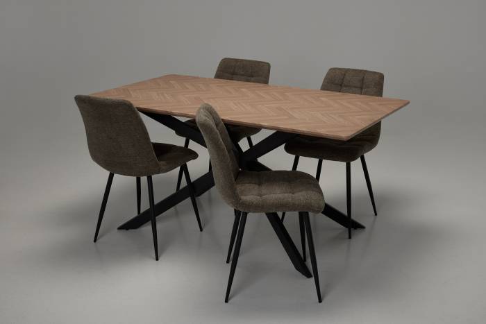 Nico & Enza Dining Set - 1.6m Medium Oak Effect Dining Table with 4 Brown Linen Dining Chairs