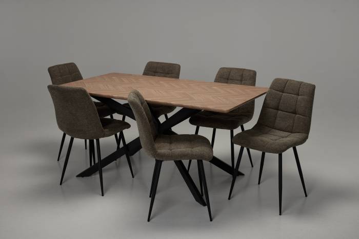 Nico & Enza Dining Set - 1.6m Medium Oak Effect Dining Table with 6 Brown Linen Dining Chairs