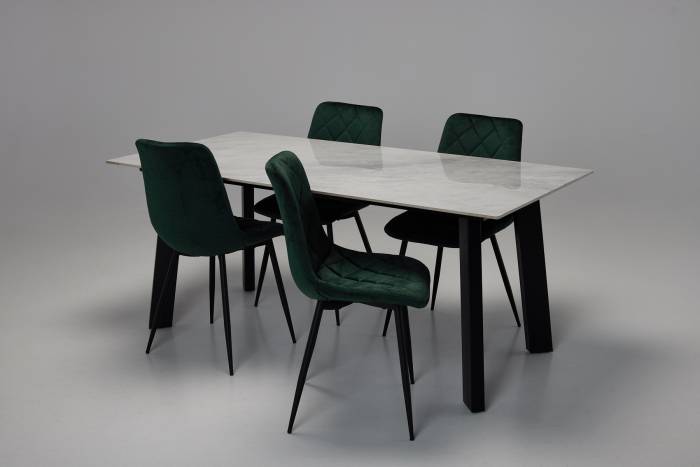 Rocco & Bari Dining Set - 1.8m Pacific Grey Stone Dining Table with 4 Forest Green Velvet Dining Chairs