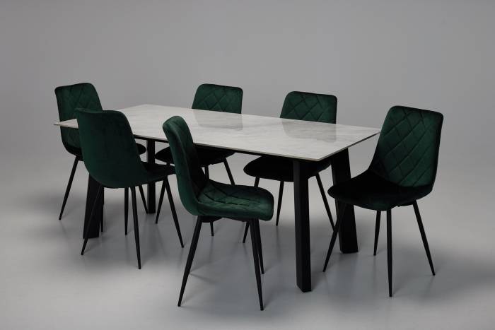 Rocco & Bari Dining Set - 1.8m Pacific Grey Stone Dining Table with 6 Forest Green Velvet Dining Chairs
