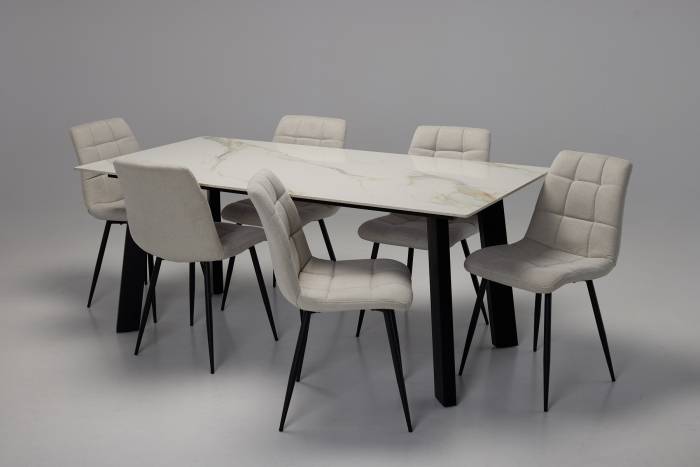 Rocco & Enza Dining Set - 1.8m Calacatta Gold Stone Dining Table with 6 Oatmeal Linen Dining Chairs