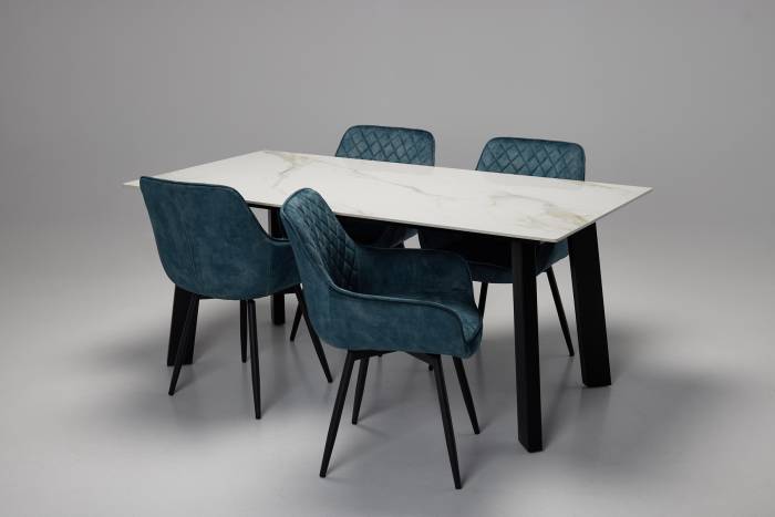 Rocco & Venice Dining Set - 1.8m Calacatta Gold Stone Dining Table with 4 Dusk Teal Velvet 360° Swivel Dining Chairs