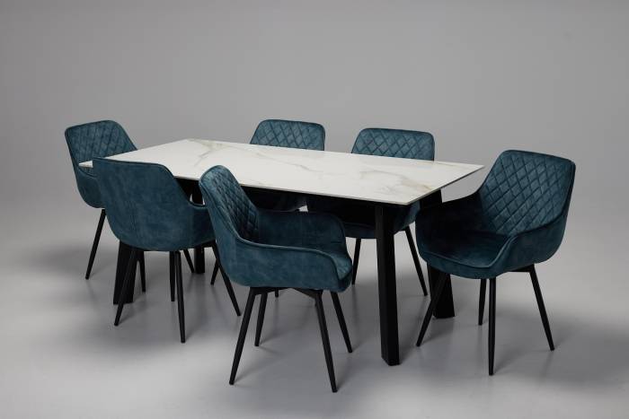 Rocco & Venice Dining Set - 1.8m Calacatta Gold Stone Dining Table with 6 Dusk Teal Velvet 360° Swivel Dining Chairs