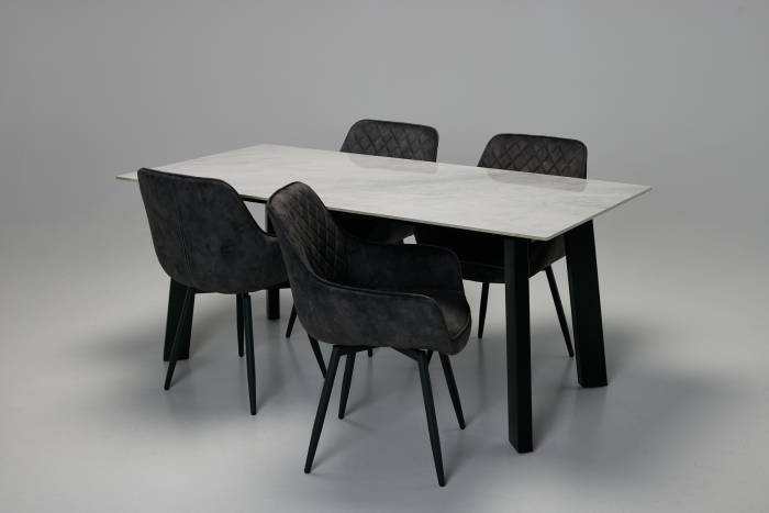 Rocco & Venice Dining Set - 1.8m Pacific Grey Stone Dining Table with 4 Mocha Grey Velvet 360° Swivel Dining Chairs