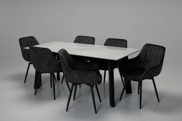 Rocco & Venice Dining Set - 1.8m Pacific Grey Stone Dining Table with 6 Mocha Grey Velvet 360° Swivel Dining Chairs