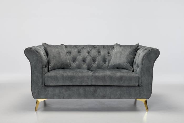 Lauren - 2 Seater Chesterfield Sofa, Grey Mottled Velvet with Gold Legs