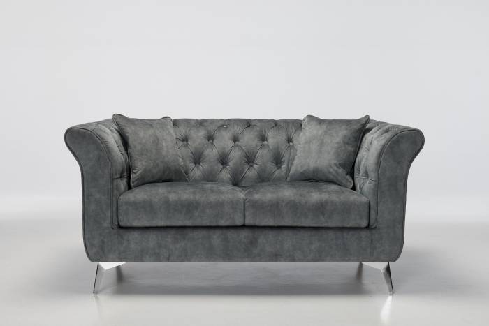 Lauren - 2 Seater Chesterfield Sofa, Grey Mottled Velvet with Silver Legs