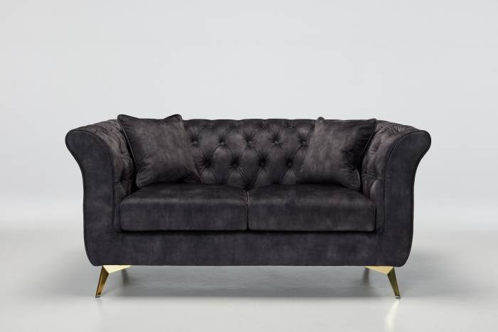 Lauren - 2 Seater Chesterfield Sofa, Mocha Grey Mottled Velvet with Gold Legs