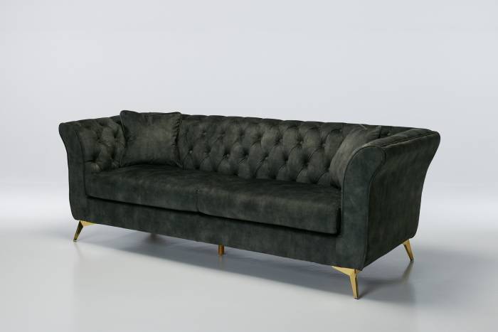 Lauren - 3 Seater Chesterfield Sofa, Antique Green Mottled Velvet with Gold Legs