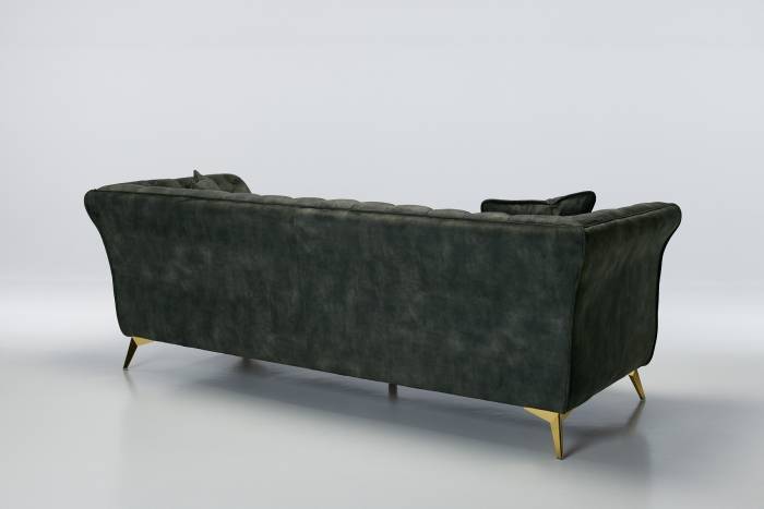 Lauren - 3 Seater Chesterfield Sofa, Antique Green Mottled Velvet with Gold Legs