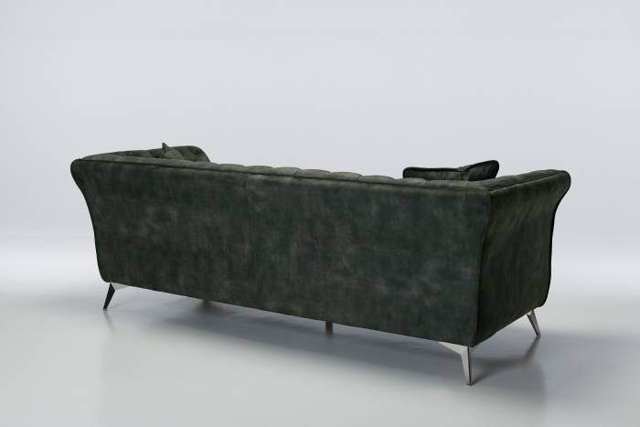 Lauren - 3 Seater Chesterfield Sofa, Antique Green Mottled Velvet with Silver Legs
