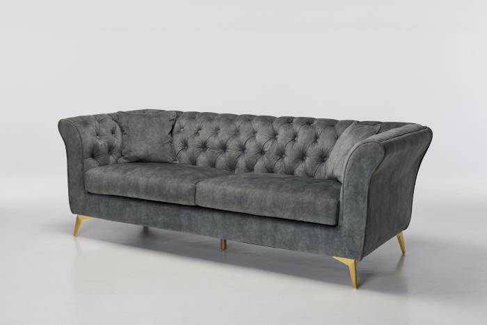 Lauren - 3 Seater Chesterfield Sofa, Grey Mottled Velvet with Gold Legs