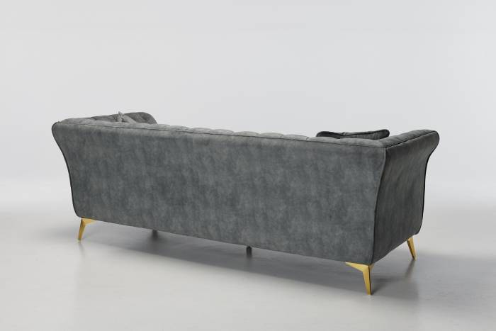 Lauren - 3 Seater Chesterfield Sofa, Grey Mottled Velvet with Gold Legs