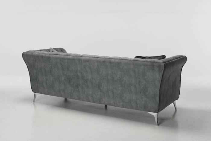 Lauren - 3 Seater Chesterfield Sofa, Grey Mottled Velvet with Silver Legs