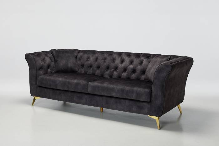 Lauren - 3 Seater Chesterfield Sofa, Mocha Grey Mottled Velvet with Gold Legs