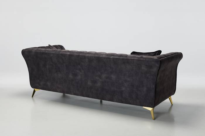 Lauren - 3 Seater Chesterfield Sofa, Mocha Grey Mottled Velvet with Gold Legs
